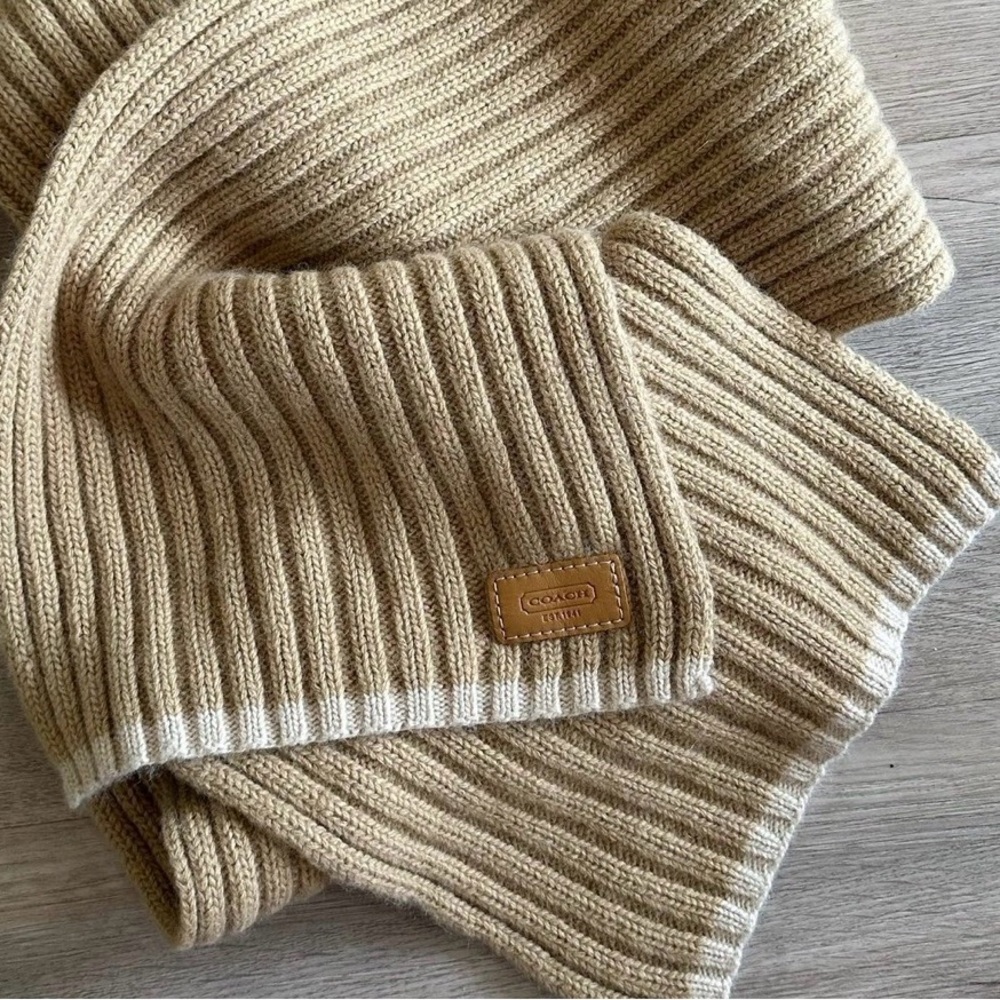 Coach Wool Angora Cashmere Knit Scarf Tan Leather Patch - Picture 3 of 6